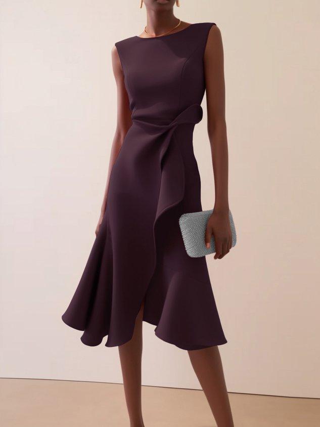 Elegant Draped Midi Dress for Women with Boat Neck Sleeveless Asymmetric Ruffle Hem Cocktail Style