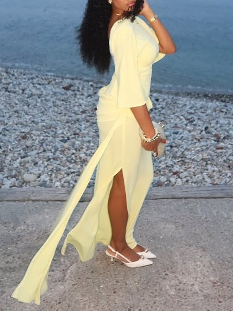 Elegant Yellow Maxi Dress for Women with High Neck Batwing Sleeve Backless Slit Style