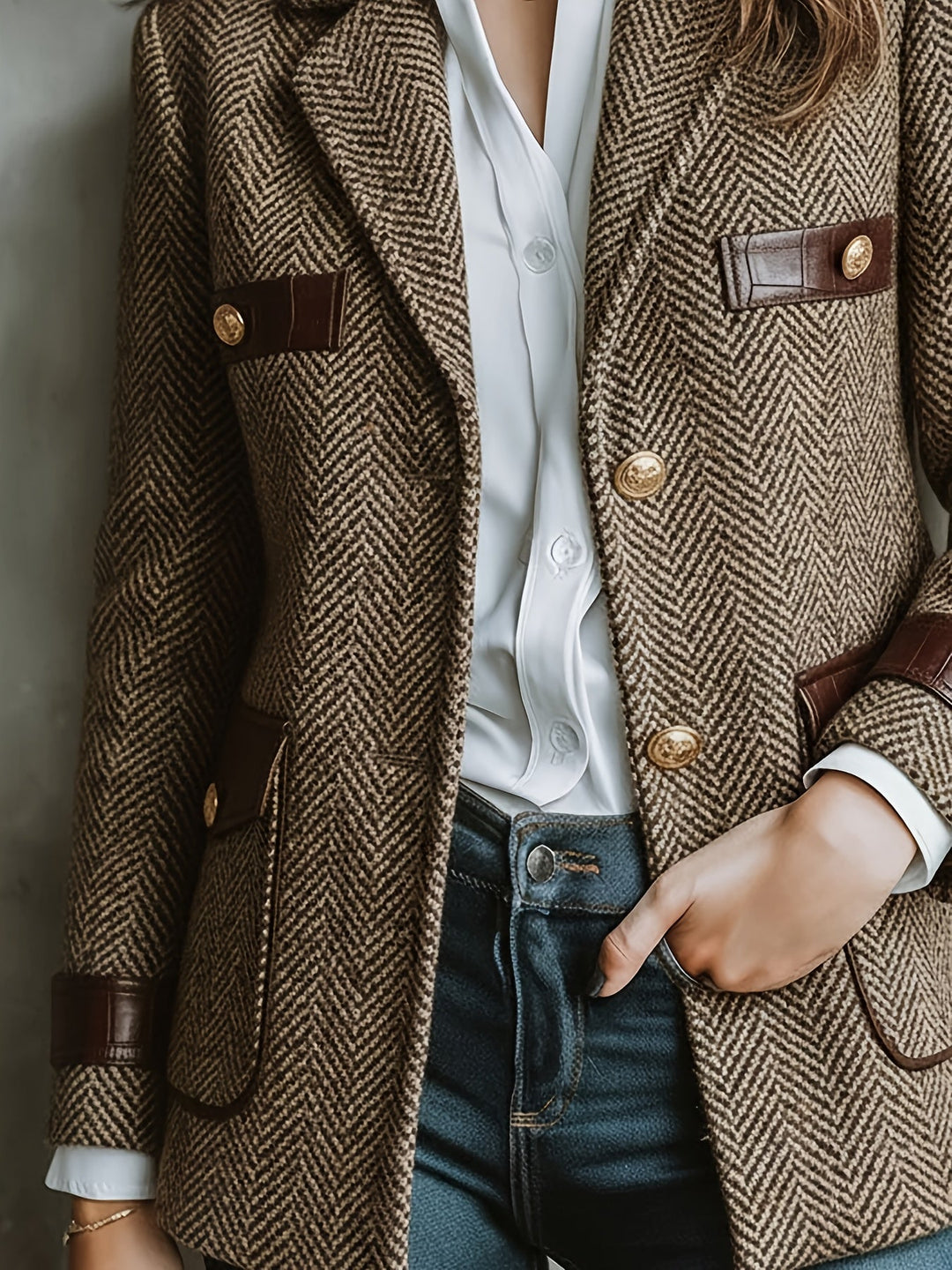 Elegant Khaki Herringbone Tweed Blazer for Women with Lapel Collar Long Sleeve Leather Trim Gold Button Style