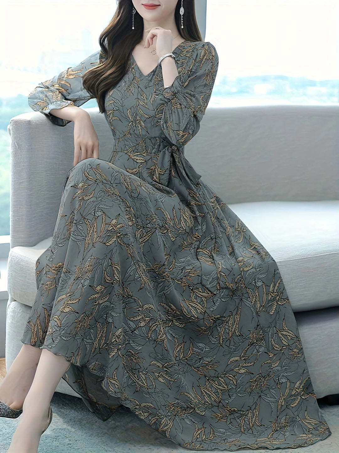 Elegant Sage Green Leaf Print Maxi Dress for Women with V Neck Long Sleeve Tie Waist Flowing Style