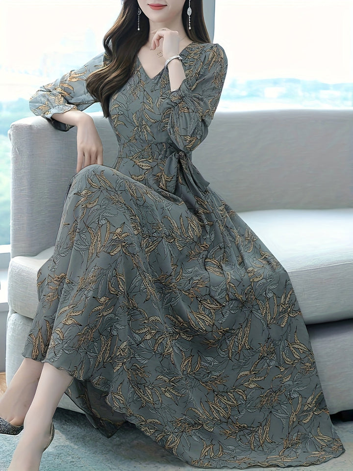 Elegant Sage Green Leaf Print Maxi Dress for Women with V Neck Long Sleeve Tie Waist Flowing Style