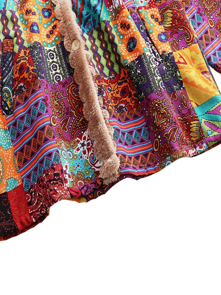 Effortless Patchwork Print Fleece Lined Coat for Women with Hooded Long Sleeve Button Front Oversized Bohemian Style