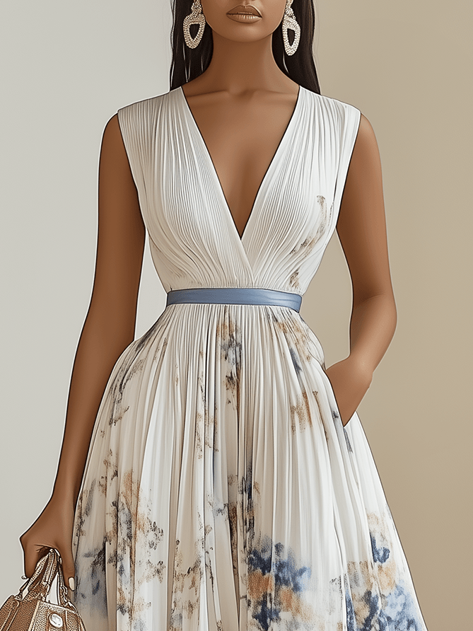 Elegant White Tie Dye Midi Dress for Women with V Neck Sleeveless Pleated Wedding Guest Style