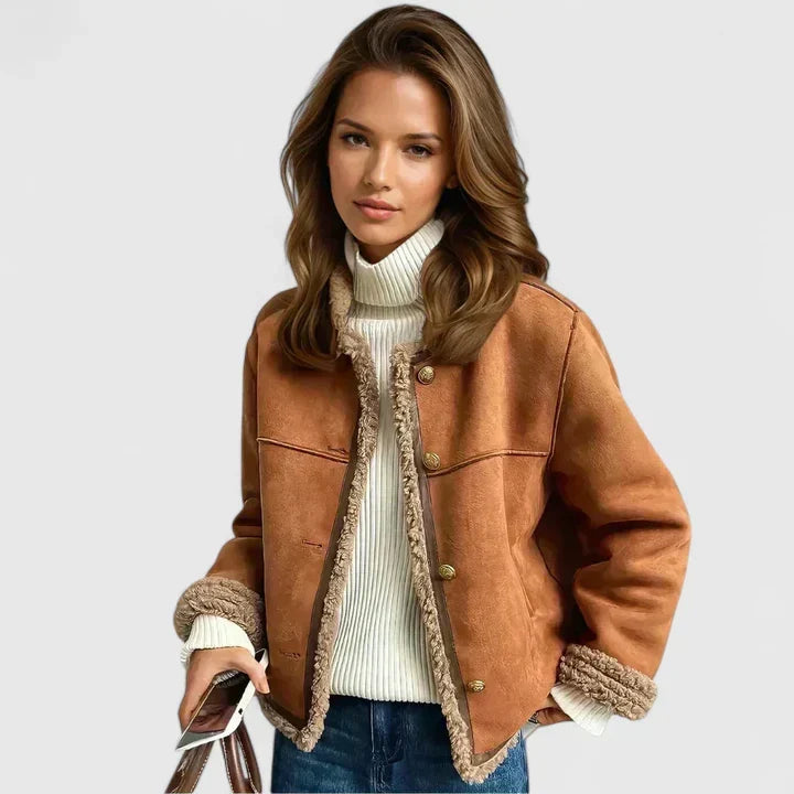Elegant Brown Suede Shearling Jacket for Women with Round Neck Long Sleeve Button Front Cropped Style