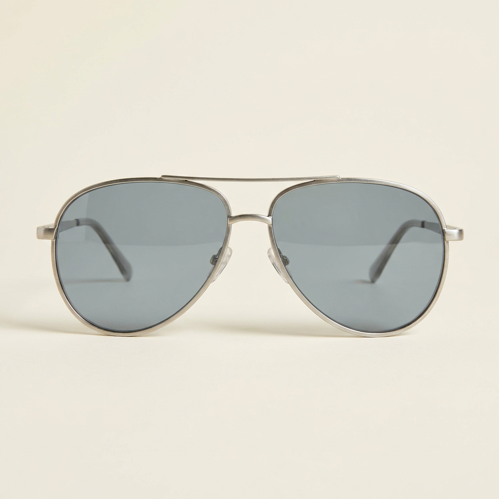 Amelie wide aviator sunglasses in brushed silver with grey lenses, against a cream studio backdrop