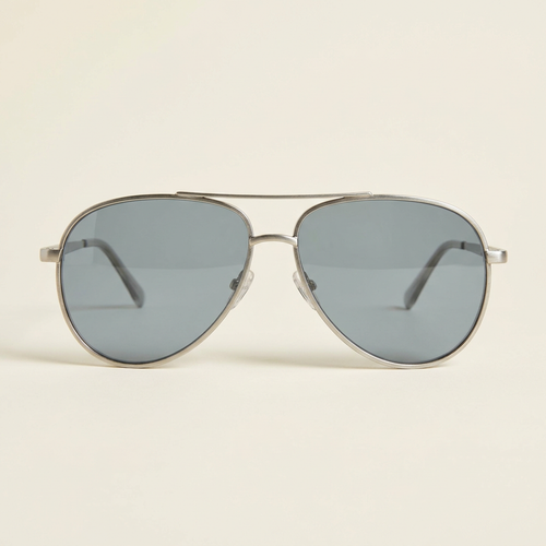 Amelie wide aviator sunglasses in brushed silver with grey lenses, against a cream studio backdrop