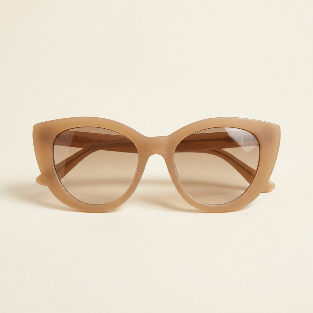 Anouk wide cat-eye sunglasses in sand beige with pale brown lenses, against a cream studio backdrop