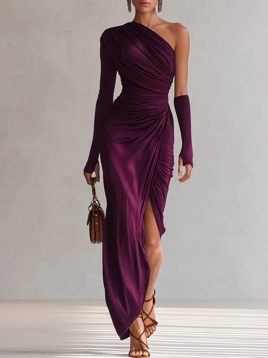 Elegant Purple Satin Maxi Dress for Women with One Shoulder Long Sleeve Ruched High Slit Style