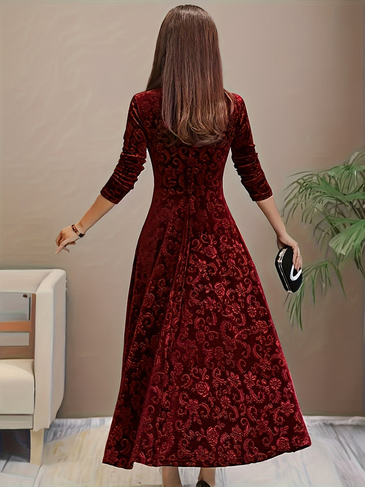 Elegant Velvet Floral Maxi Dress for Women with Square Neck Elbow Sleeve A Line Flowing Style