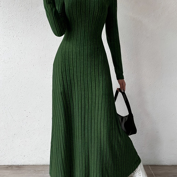 Elegant Ribbed Knit Maxi Dress for Women with V Neck Long Sleeve Fitted Flowing Style