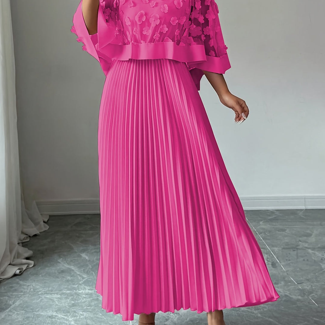 Elegant Floral Pleated Maxi Dress for Women with Round Neck Cape Sleeve Appliqué Flowing Formal Wedding Guest Style