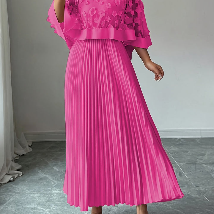 Elegant Floral Pleated Maxi Dress for Women with Round Neck Cape Sleeve Appliqué Flowing Formal Wedding Guest Style