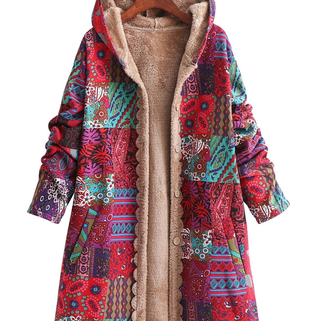 Effortless Patchwork Print Fleece Lined Coat for Women with Hooded Long Sleeve Button Front Oversized Bohemian Style