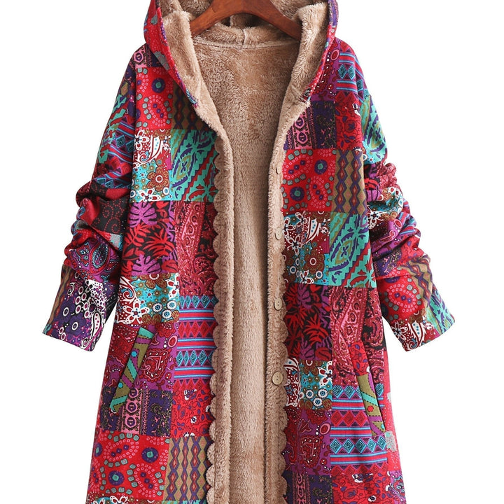 Effortless Patchwork Print Fleece Lined Coat for Women with Hooded Long Sleeve Button Front Oversized Bohemian Style