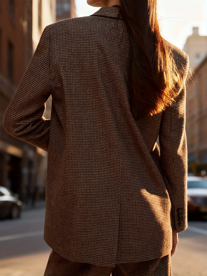 Elegant Coffee Brown Houndstooth Two Piece Set for Women with Double Breasted Lapel Blazer High Waist Shorts Formal Style