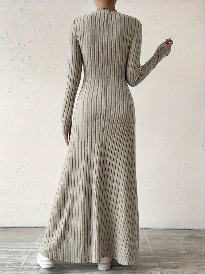Elegant Ribbed Knit Maxi Dress for Women with V Neck Long Sleeve Fitted Flowing Style