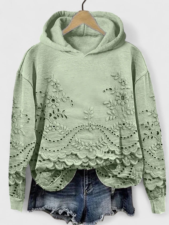Effortless Floral Eyelet Hoodie for Women with Long Sleeve Scalloped Hem Cropped Casual Style
