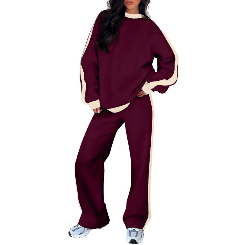 Effortless Wide Leg Set for Women with Round Neck Long Sleeve Contrast Stripe Relaxed Two Piece Style