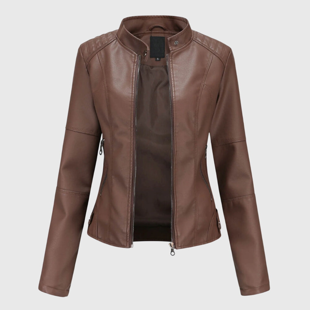 Elegant Faux Leather Moto Jacket for Women with Stand Collar Long Sleeve Zip Front Fitted Style