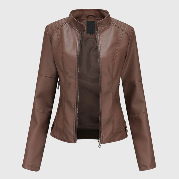 Elegant Faux Leather Moto Jacket for Women with Stand Collar Long Sleeve Zip Front Fitted Style