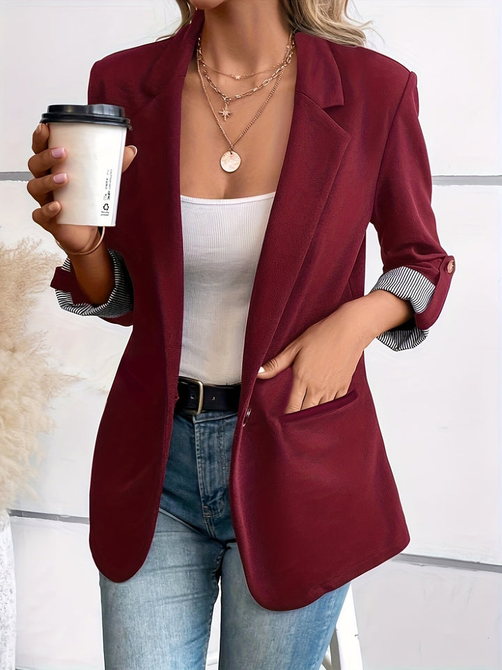 Effortless Blazer for Women with Lapel Collar Long Sleeve Striped Cuff Open Front Casual Style