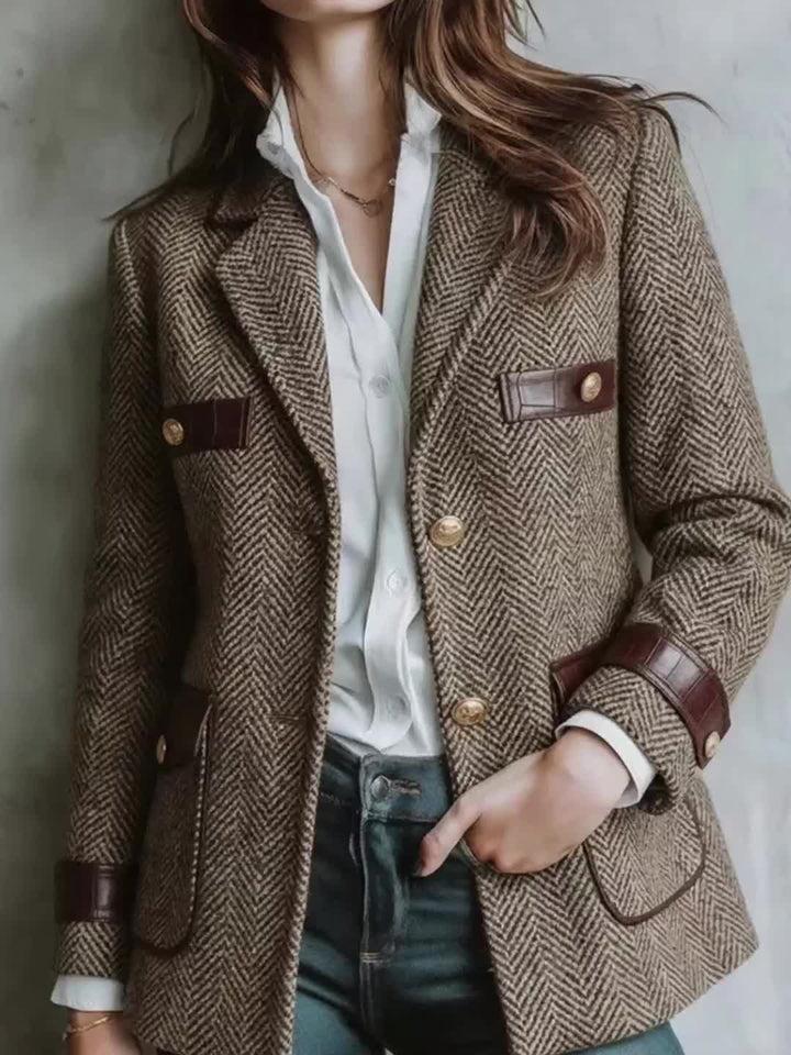 Elegant Khaki Herringbone Tweed Blazer for Women with Lapel Collar Long Sleeve Leather Trim Gold Button Style