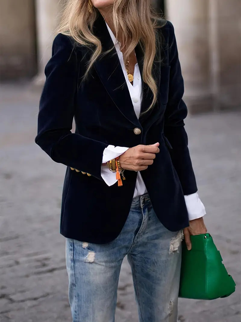 Elegant Velvet Blazer for Women with Lapel Collar Long Sleeve Single Button Tailored Formal Style