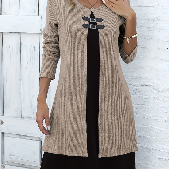 Comfortable Ribbed Knit Sweater Dress for Women with Round Neck Long Sleeve Buckle Detail Layered Style