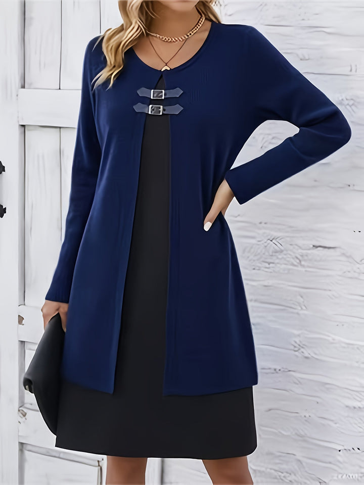Comfortable Ribbed Knit Sweater Dress for Women with Round Neck Long Sleeve Buckle Detail Layered Style