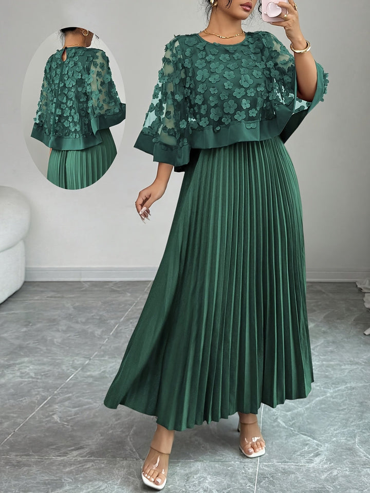 Elegant Floral Pleated Maxi Dress for Women with Round Neck Cape Sleeve Appliqué Flowing Formal Wedding Guest Style