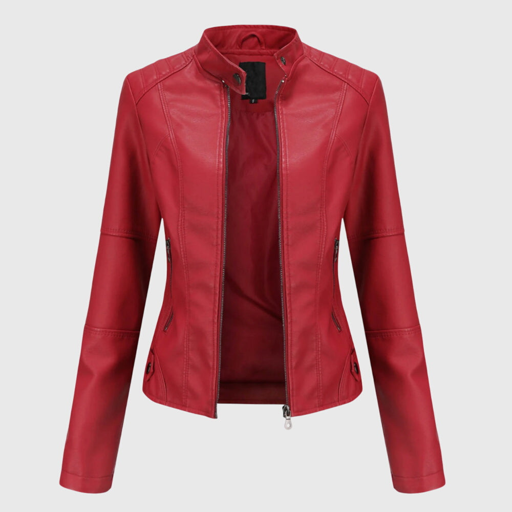 Elegant Faux Leather Moto Jacket for Women with Stand Collar Long Sleeve Zip Front Fitted Style