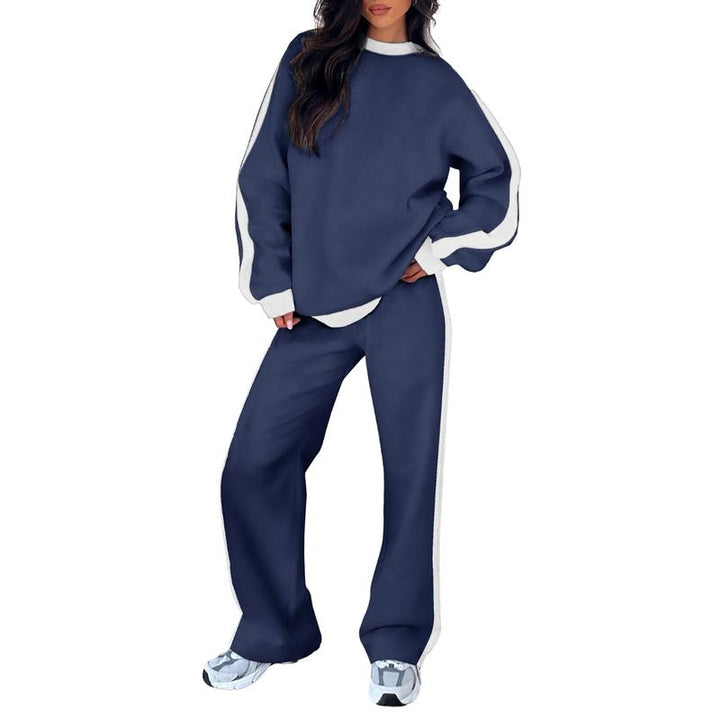 Effortless Wide Leg Set for Women with Round Neck Long Sleeve Contrast Stripe Relaxed Two Piece Style