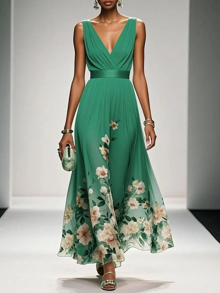 Elegant Floral Maxi Dress for Women with V Neck Sleeveless Wrap Waist Flowing Wedding Guest Style