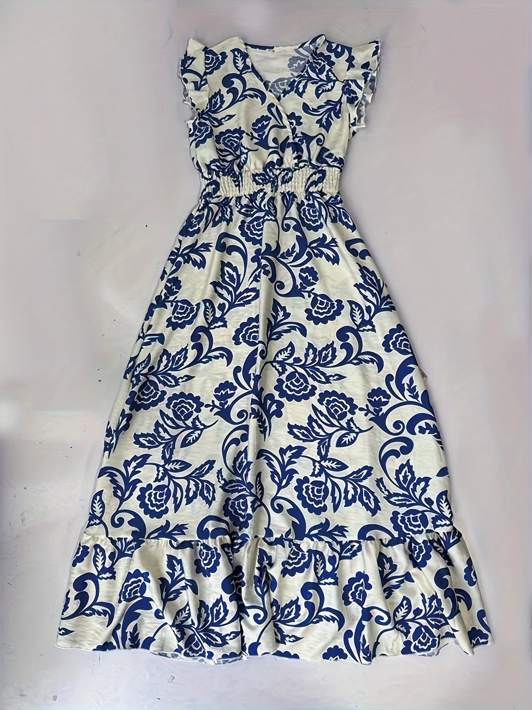 Effortless Wrap Maxi Dress for Women with V Neck Flutter Sleeve Smocked Waist Ruffle Hem Flowing Style