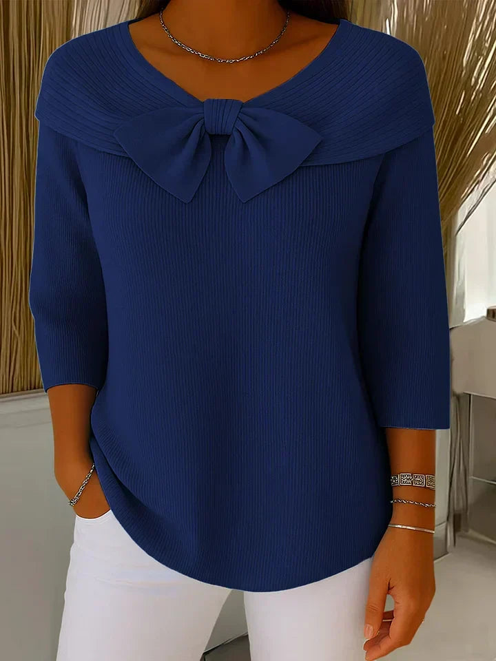 Effortless Ribbed Knit Sweater for Women with V Neck Elbow Sleeve Bow Tie Foldover Collar Relaxed Style