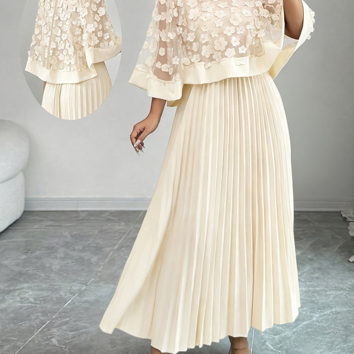 Elegant Floral Pleated Maxi Dress for Women with Round Neck Cape Sleeve Appliqué Flowing Formal Wedding Guest Style