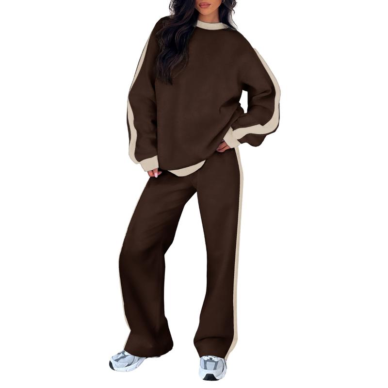 Effortless Wide Leg Set for Women with Round Neck Long Sleeve Contrast Stripe Relaxed Two Piece Style