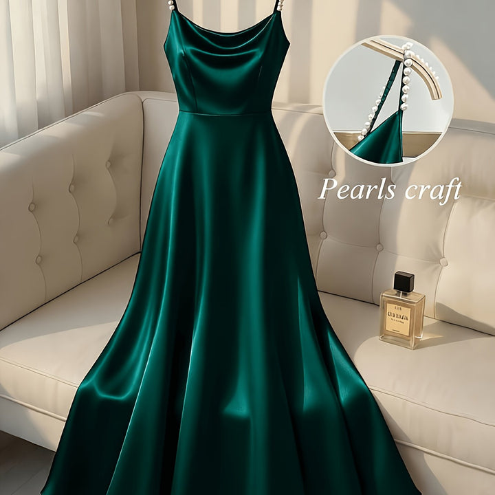 Elegant Satin Maxi Dress for Women with Cowl Neck Pearl Strap Flowing Formal Wedding Guest Style
