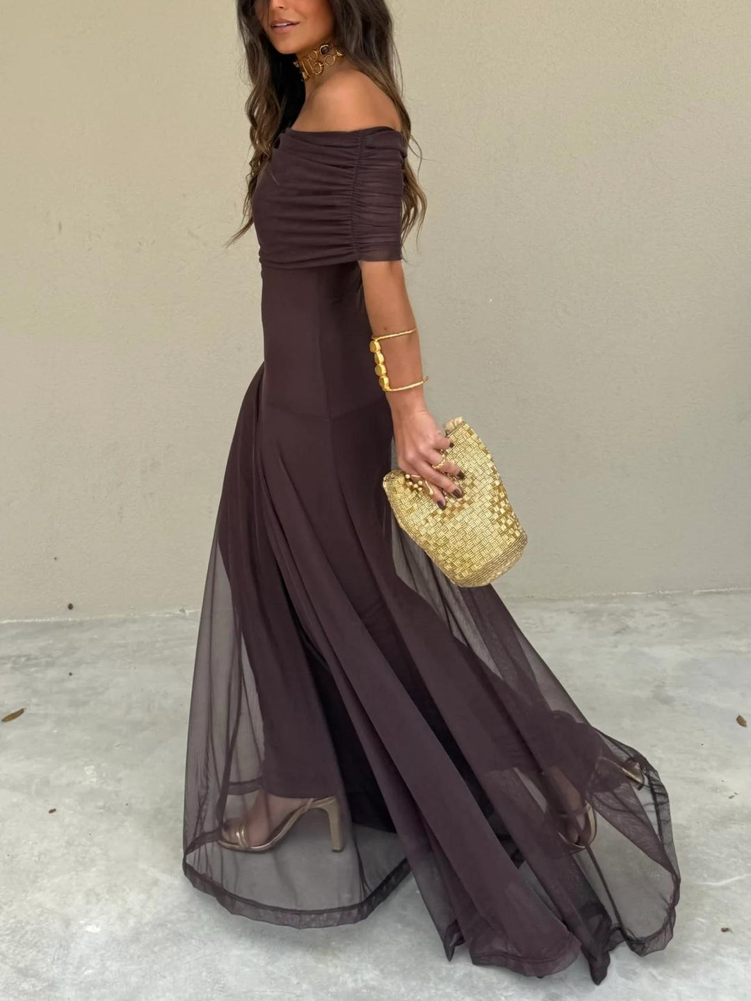 Elegant Mesh Maxi Dress for Women with Off Shoulder Short Sleeve Ruched Flowing Style