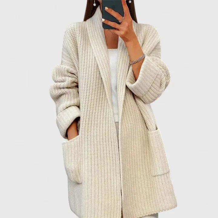 Comfortable Chunky Cardigan Sweater for Women with Shawl Collar Long Sleeve Patch Pocket Oversized Knit Style