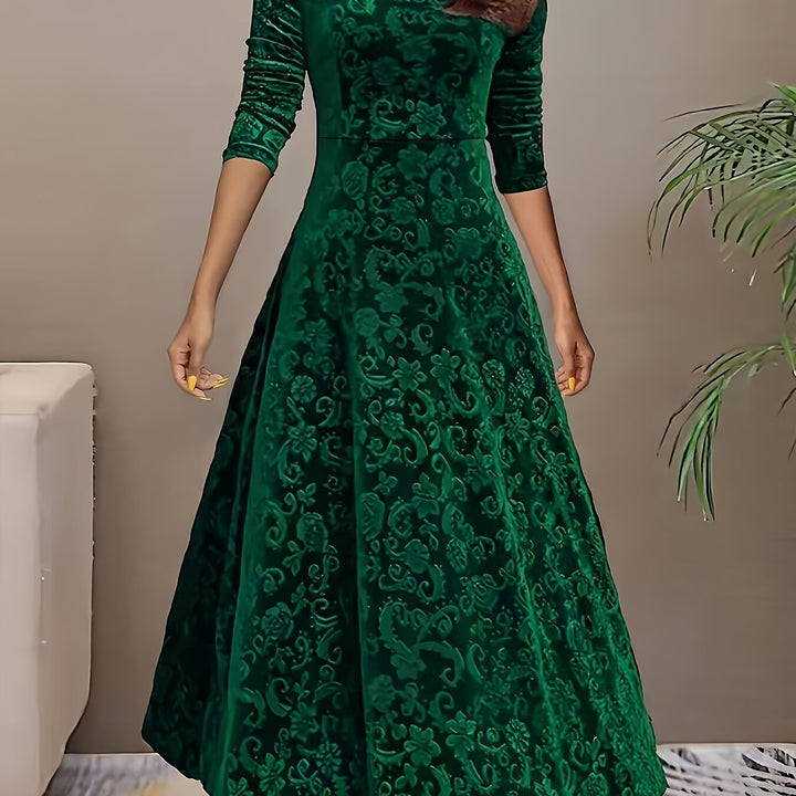 Elegant Velvet Floral Maxi Dress for Women with Square Neck Elbow Sleeve A Line Flowing Style