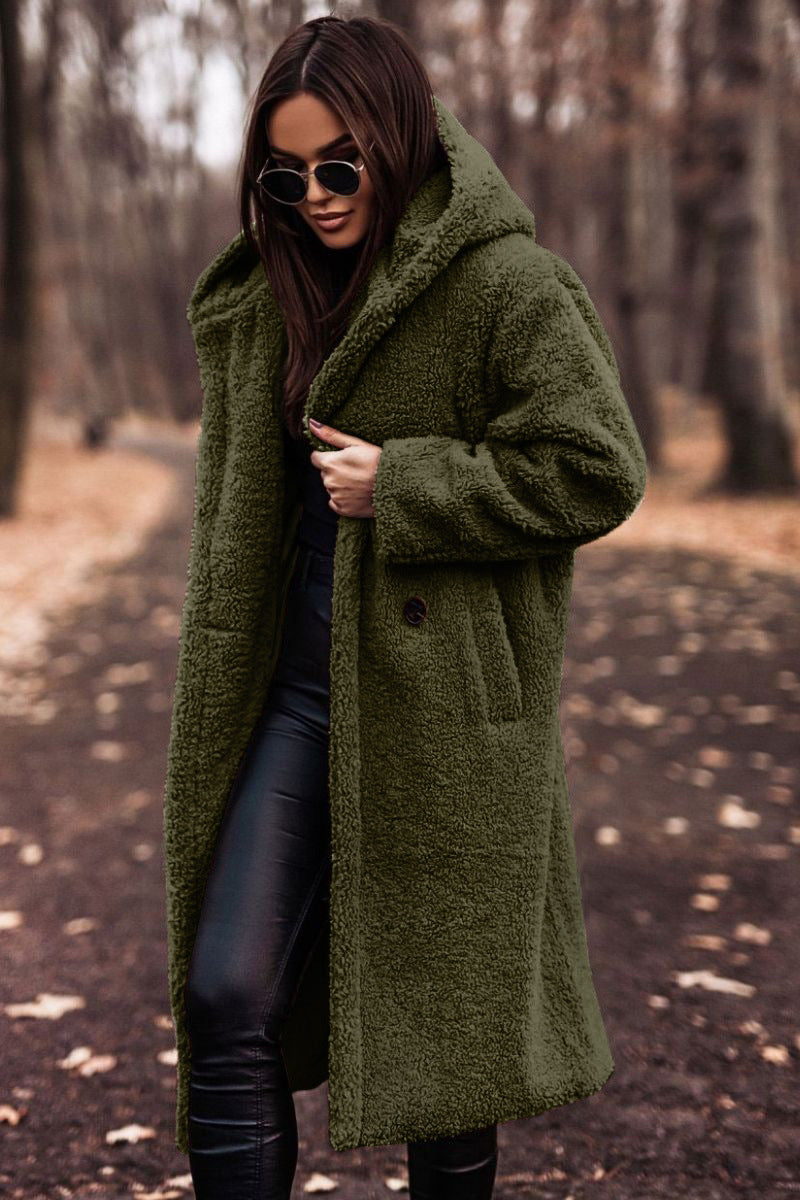 Effortless Shearling Coat for Women with Hooded Collar Long Sleeve Oversized Longline Style