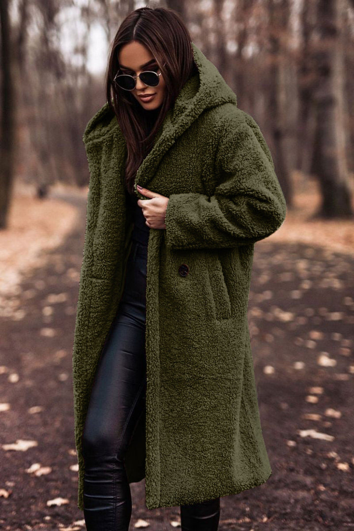 Effortless Shearling Coat for Women with Hooded Collar Long Sleeve Oversized Longline Style