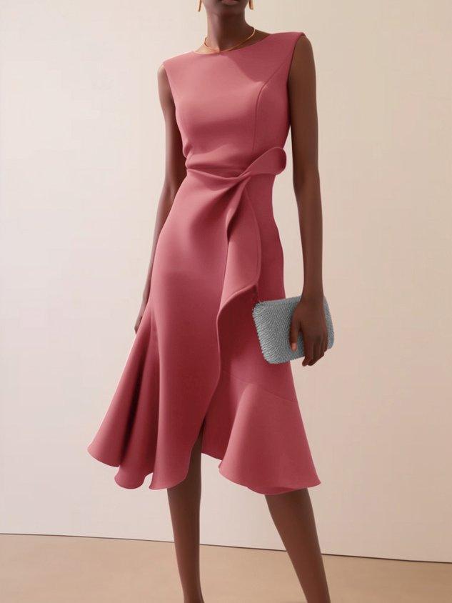Elegant Draped Midi Dress for Women with Boat Neck Sleeveless Asymmetric Ruffle Hem Cocktail Style