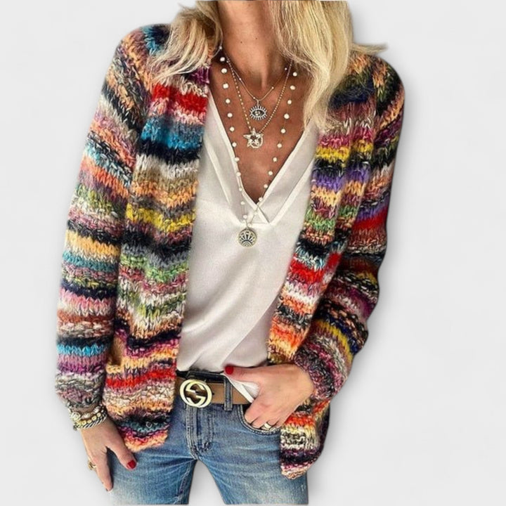 Comfortable Striped Cardigan Sweater for Women with Open Front Long Sleeve Chunky Knit Bohemian Style