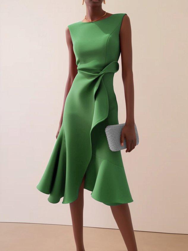 Elegant Draped Midi Dress for Women with Boat Neck Sleeveless Asymmetric Ruffle Hem Cocktail Style