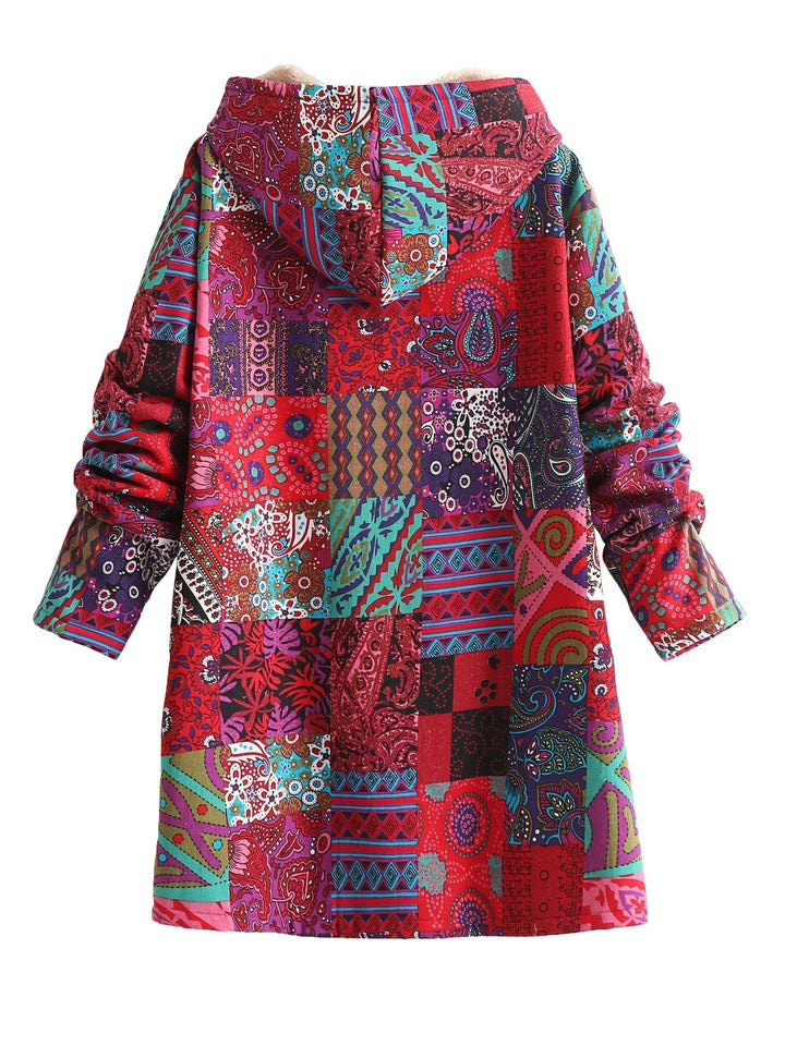 Effortless Patchwork Print Fleece Lined Coat for Women with Hooded Long Sleeve Button Front Oversized Bohemian Style