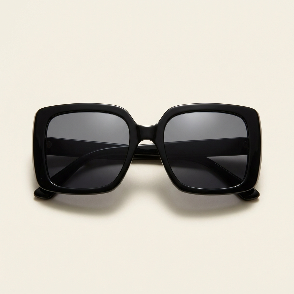 Celeste oversized square sunglasses in glossy black with dark grey lenses, against a cream studio backdrop