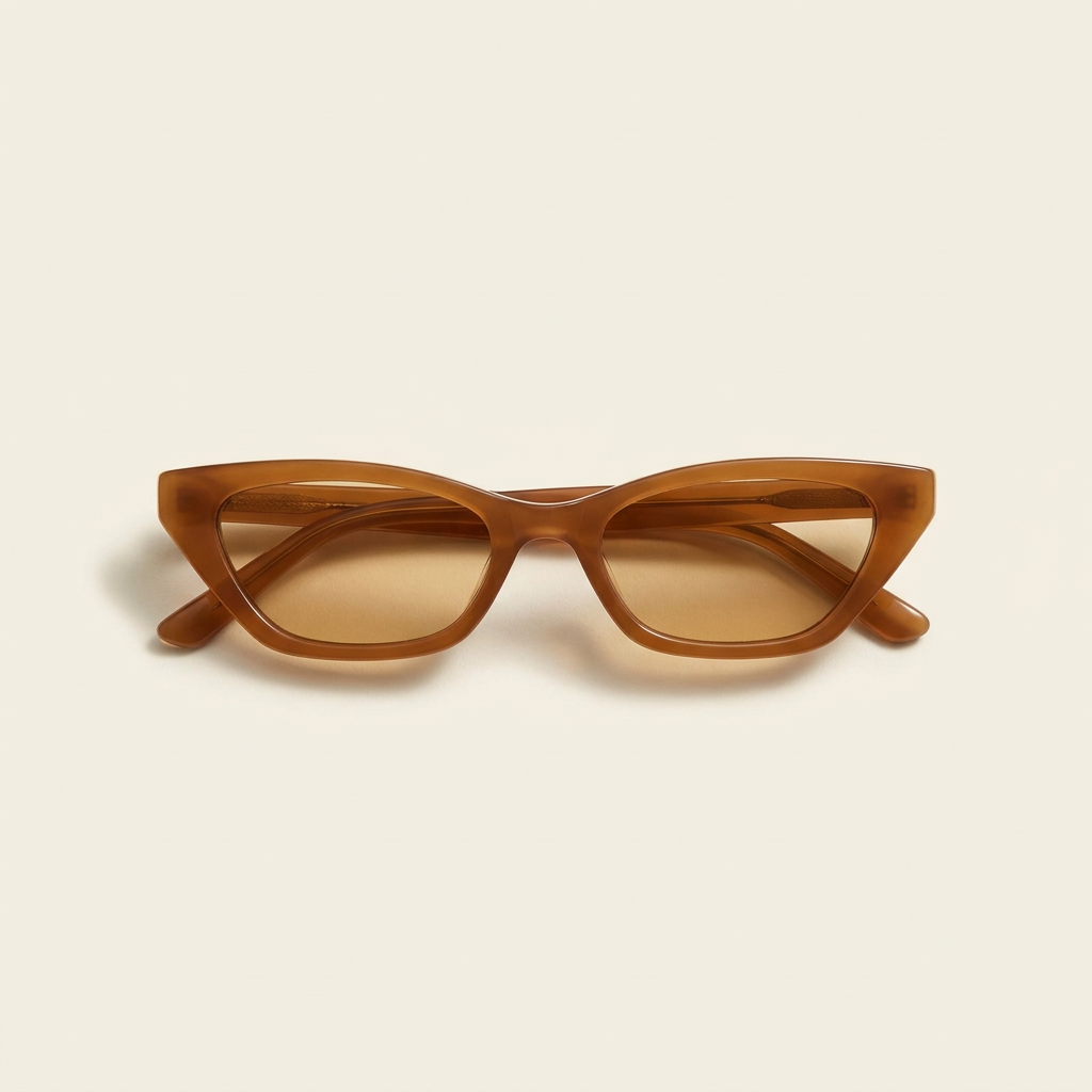 Colombe slim cat-eye sunglasses in caramel brown with amber lenses, against a cream studio backdrop