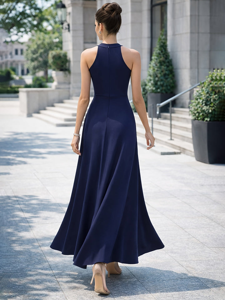 Elegant Maxi Dress for Women with High Neck Sleeveless High Slit A Line Flowing Formal Wedding Guest Style